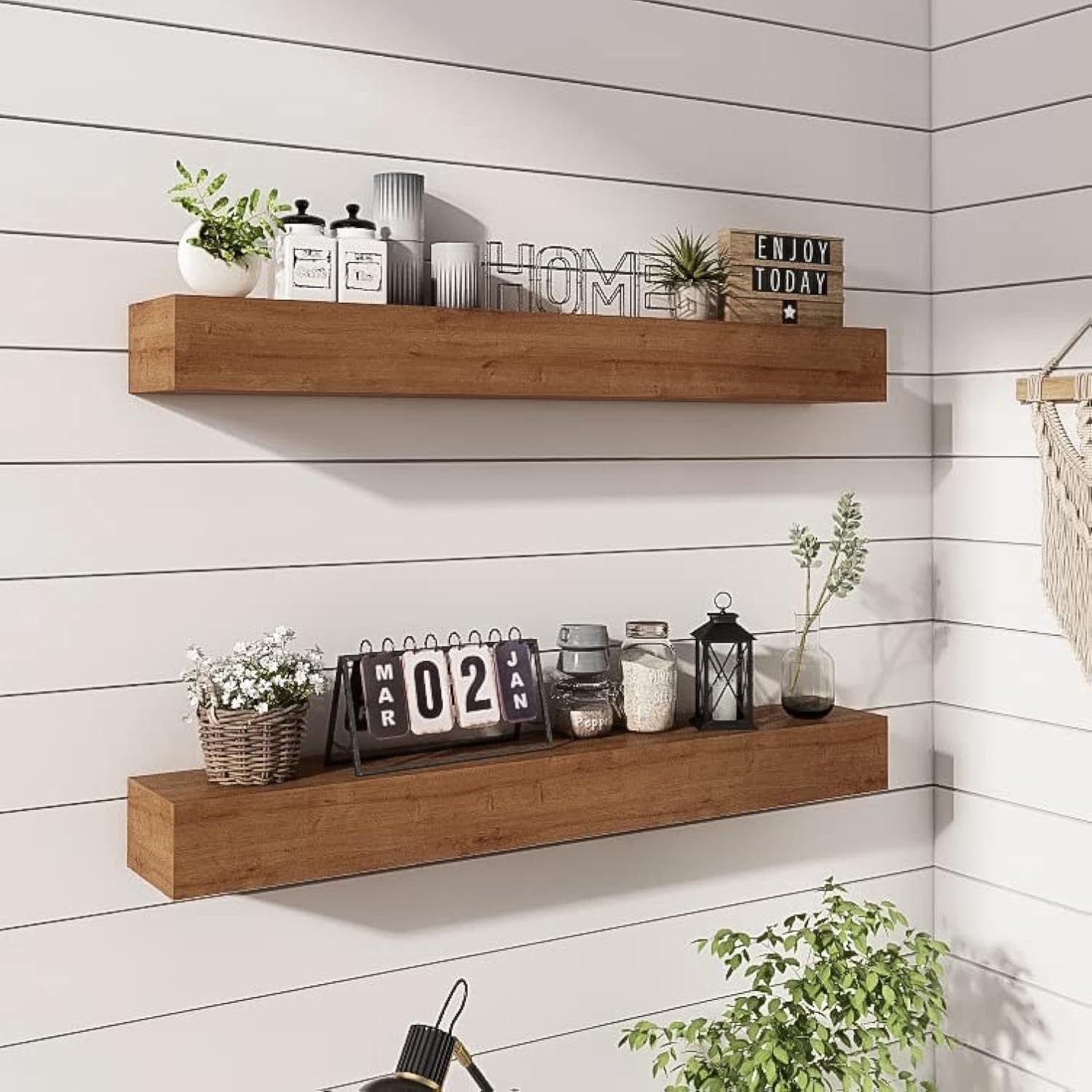 Photo 1 of ROOREVO Wall Floating Shelves, Rustic Wood Shelf for Wall Mounted - Wooden Handmade Shelves for Bathroom Kitchen Livingroom(Walnut, 36 Inch - 2 Pack)