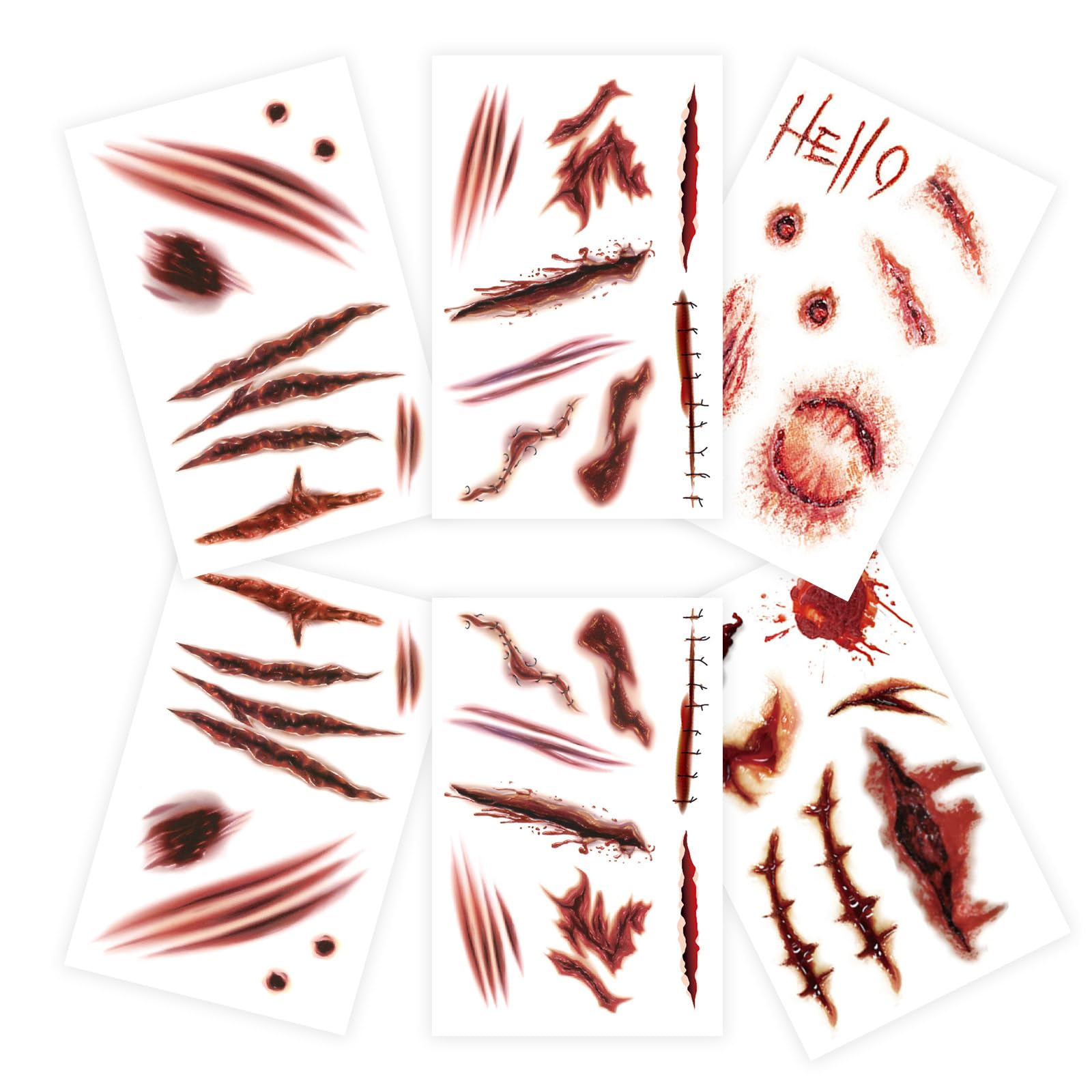AUXHCYL Halloween Tattoos(6 Sheets),Scar Tattoos,Zombie Makeup Halloween Face Stickers,Fake Scab Blood Special Fx Costume Make up Props(Large)
