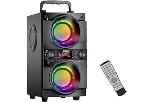 SUPNIU 60W (80W Peak) Portable Bluetooth Speaker with Double Subwoofer Heavy Bass, Bluetooth 5.0 Wireless 100ft Outdoor Speaker, Support FM Radio, LED Colorful Lights, Stereo Sound, for Home, Party, Travel