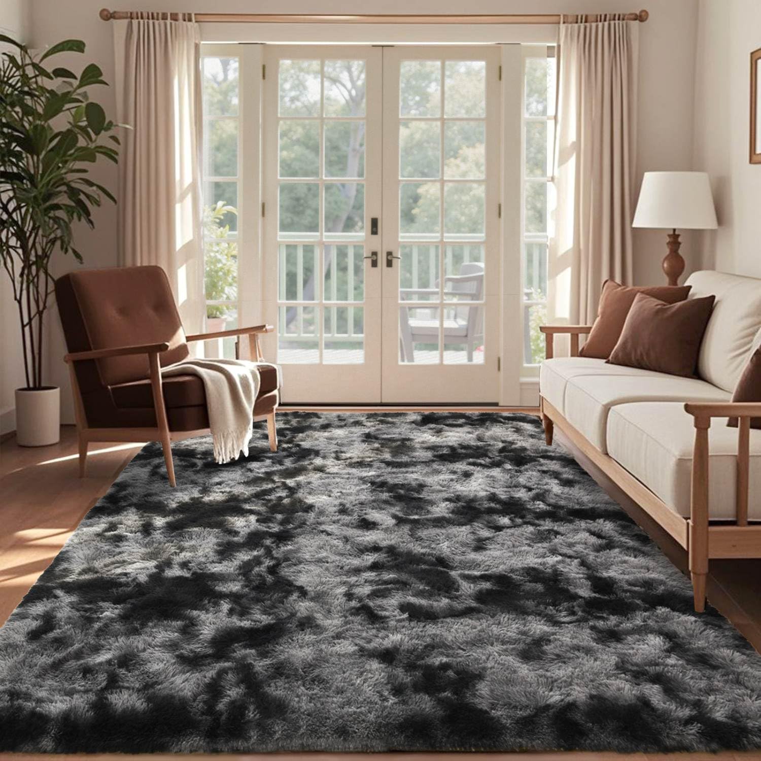 Photo 1 of 4x6 Ft Shag Rugs for Bedroom Living Room, Tie-Dyed Ultra Soft Fluffy Furry Area Rugs for Indoor Floor, Aesthetic Carpet for Kids Home Decor (Dark Grey)