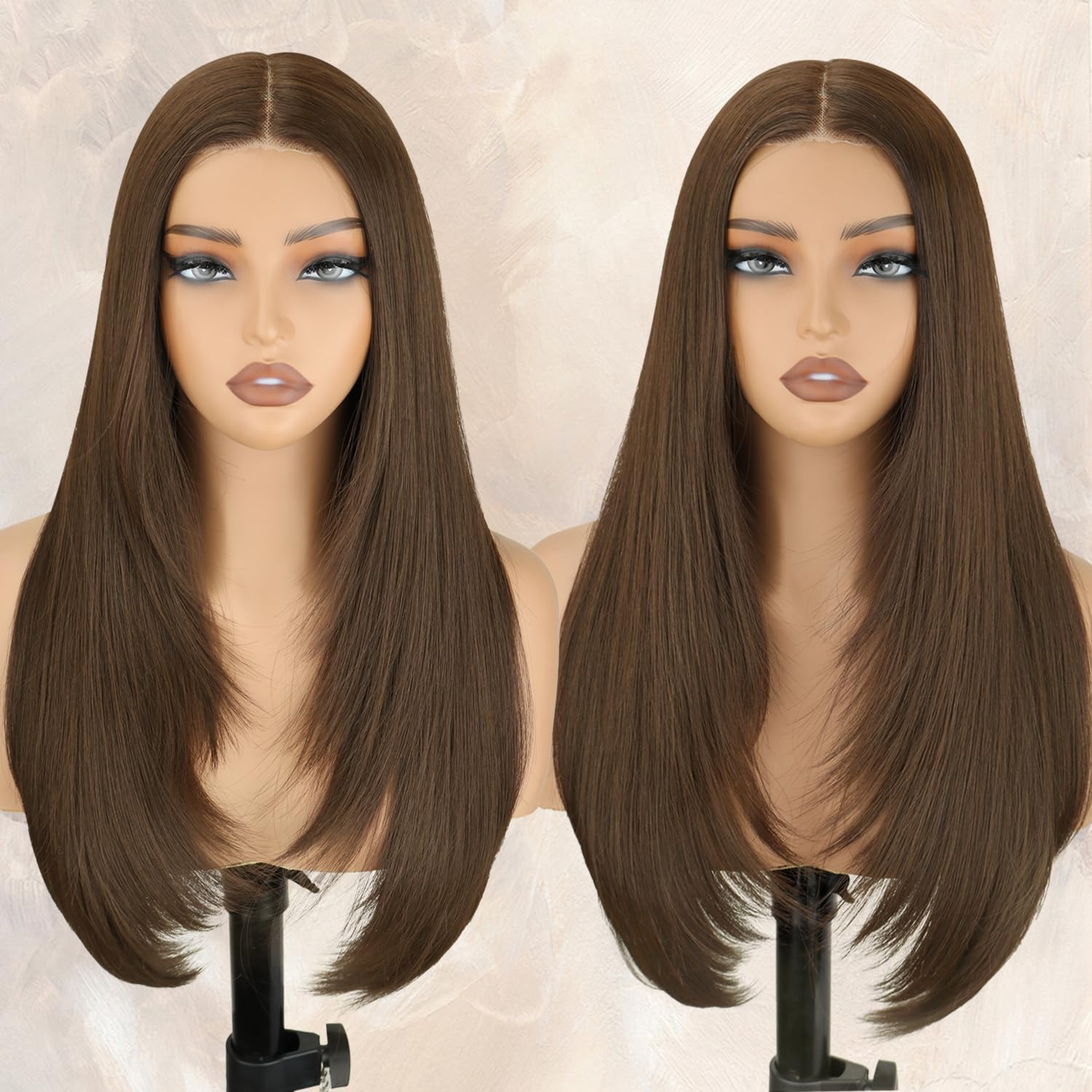 Photo 1 of NOSTALGIA Brown Wear and Go Glueless Wigs Pre Plucked Pre Cut for Beginners Synthetic Lace Front Wigs For Woman Long layered Straight 3 Seconds to Wear