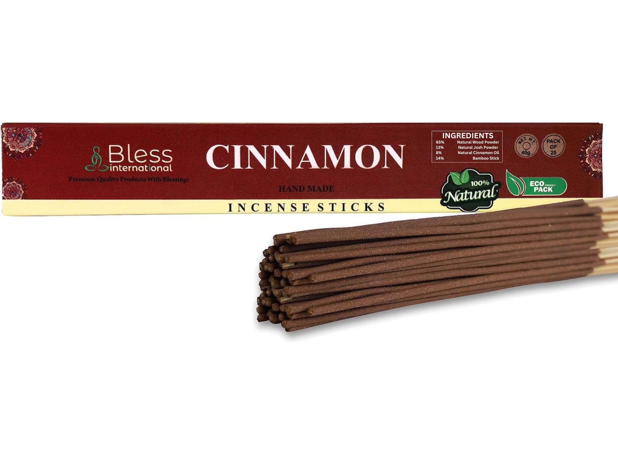 Bless-CINNAMON-Incense-Sticks 100%-Natural-Handmade-Hand-Dipped-Incense-Sticks Organic-Chemicals-Free For-Purification-Relaxation-Positivity-Yoga-Meditation The-Best-Woods-Scent (25 Sticks (40GM))