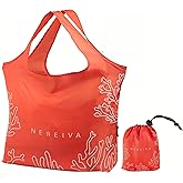 Nereiva 55 Pound Reusable Shopping Bag Coral Pink - Foldable into a Small attached Pouch - Reinforced Handles - Washable Reusable Grocery Bag, Durable Packable Tote for Travel, Shopping and Groceries.