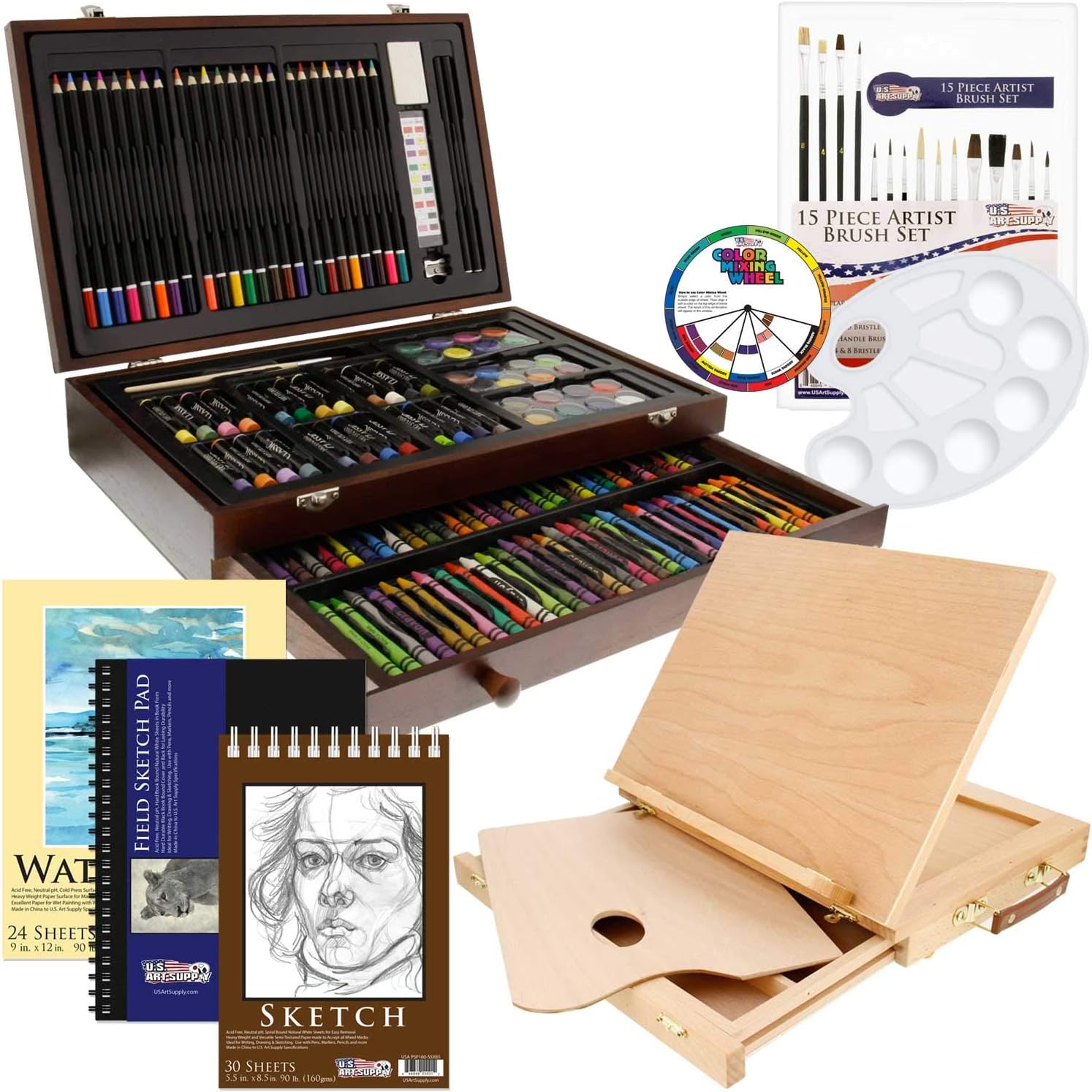 US Art Supply 163 Piece-Premium Mega Wood Box Art, Painting & Drawing Set That Contains All The Additional Supplies You Need to get Started and The Bonus Wooden Drawing Easel with Drawer.