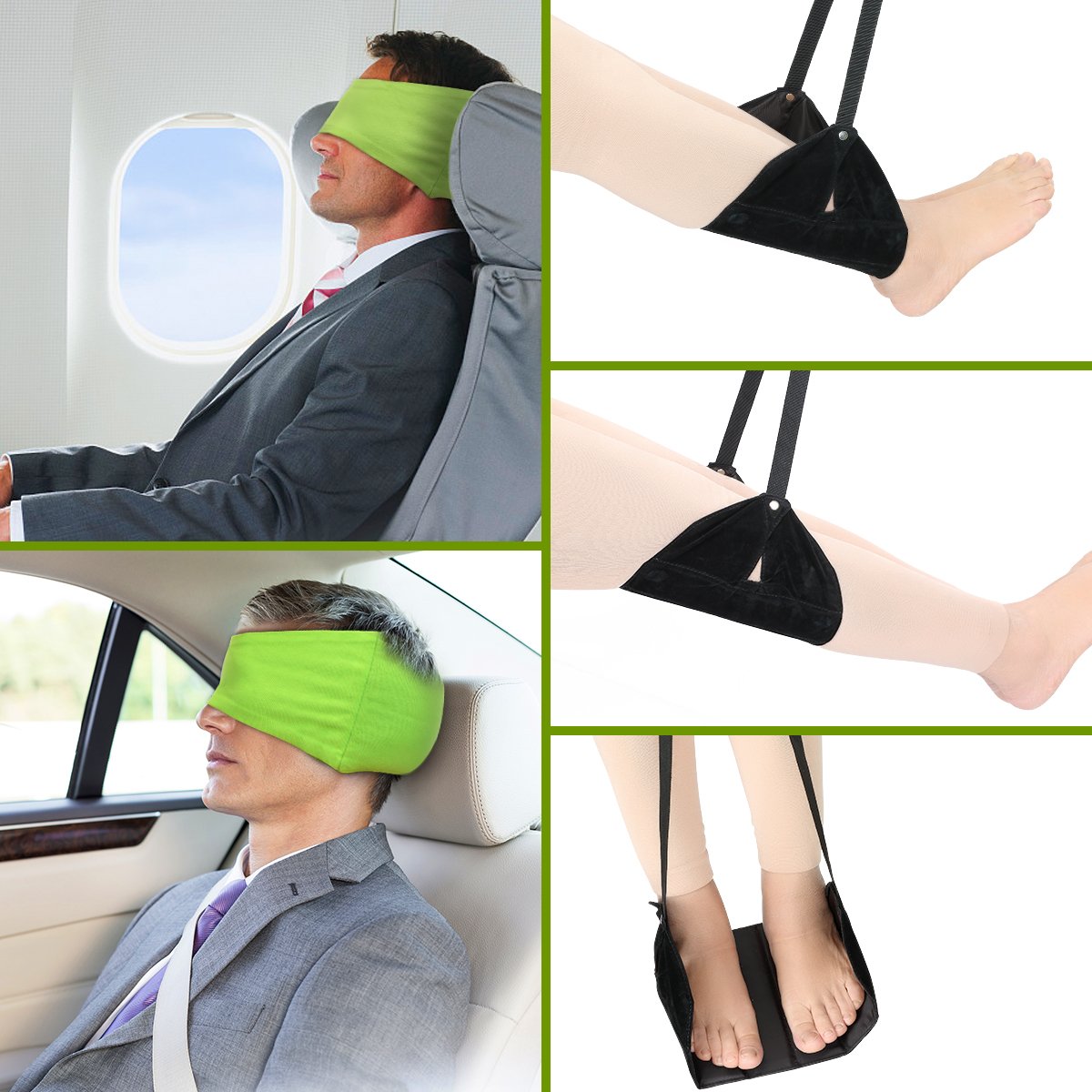 Travel Accessories-Foot Rest Hammock and Travel Airplane Pillow - 2 in 1 Travel Pillow and Eye Mask and Adjustable Height Travel Footrest- Portable Flight Carry for Airplanes Trains Desk Office