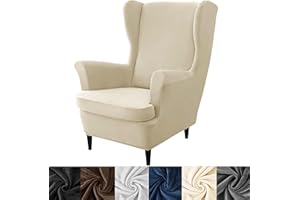 HFCNMY Wingback Chair Covers, 2 Piece Stretch Velvet Wingback Chair Slipcover-Thick Wing Back Chair Covers with Arms-Wing Chair Slipcover-Wing Back Chair Slipcovers with Elastic Bottom Beige