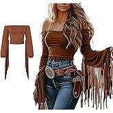 Womens Off Shoulder Fringe Top, Long Sleeve Fitted Shirt Western Cowgirl Blouse Tassel Trim Cropped Tops