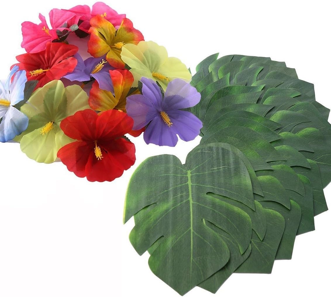 Hawaiian Party Decorations. Bundle of 12 Tropical Jungle Leaves + 24 Hibiscus Flowers for Luau, Hula, Maui, Moana Themed Birthday Parties. (36, Tropical Leaves & Hibiscus Flowers)
