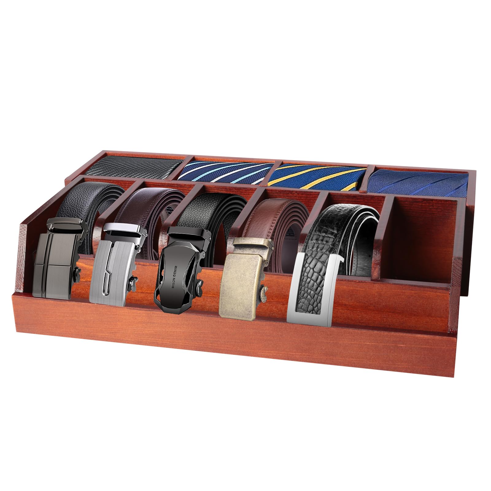 Niciksty Wood Belt Organizer, 6 Grids Belt Rack with 4 Grids Tie Rack, Belt Storage Holder for The Closet and Drawer, Belt Storage Organizer and Displayer, Tie Holder Storage for Men Women, Brown