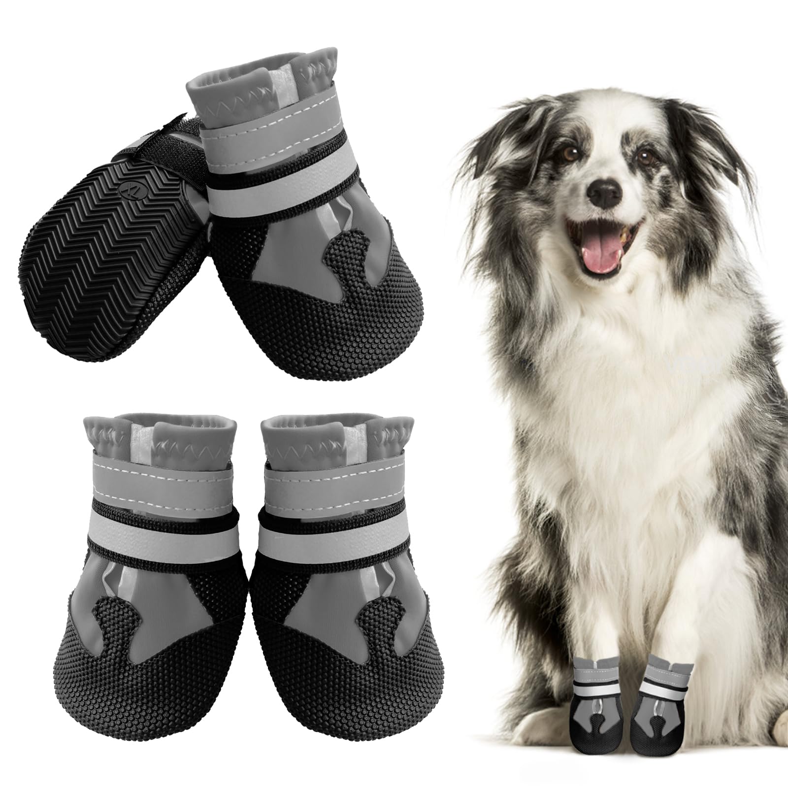 Muecleao Dog Boots, Set of 4 Dog Shoes for Injured Paws, Waterproof Dog Shoes with Reflective Straps and Anti-Slip Sole, Paw Protectors for Small Medium Large Dogs (Grey, S) — image 1