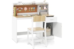 Costzon Kids Desk and Chair Set, Wooden Student Writing Desk Set w/Hutch, Bulletin Board, Drawer & Cabinet for Reading Crafting, Children Study Table Sets for 5-12 Years Old (White)