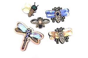 ESH7 5 Pcs Dragonfly Bees Beaded Patches Rhinestone Sew On Sequin Patch Bees Handmade Insect Bead Patch Bee Applique for Handbag Jeans Jackets Shoes Clothing