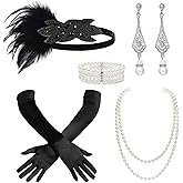 BABEYOND 1920s Flapper Accessories Great Gatsby Costume Accessories 20s Flapper Headband Pearl Necklace Gloves Plastic Holder