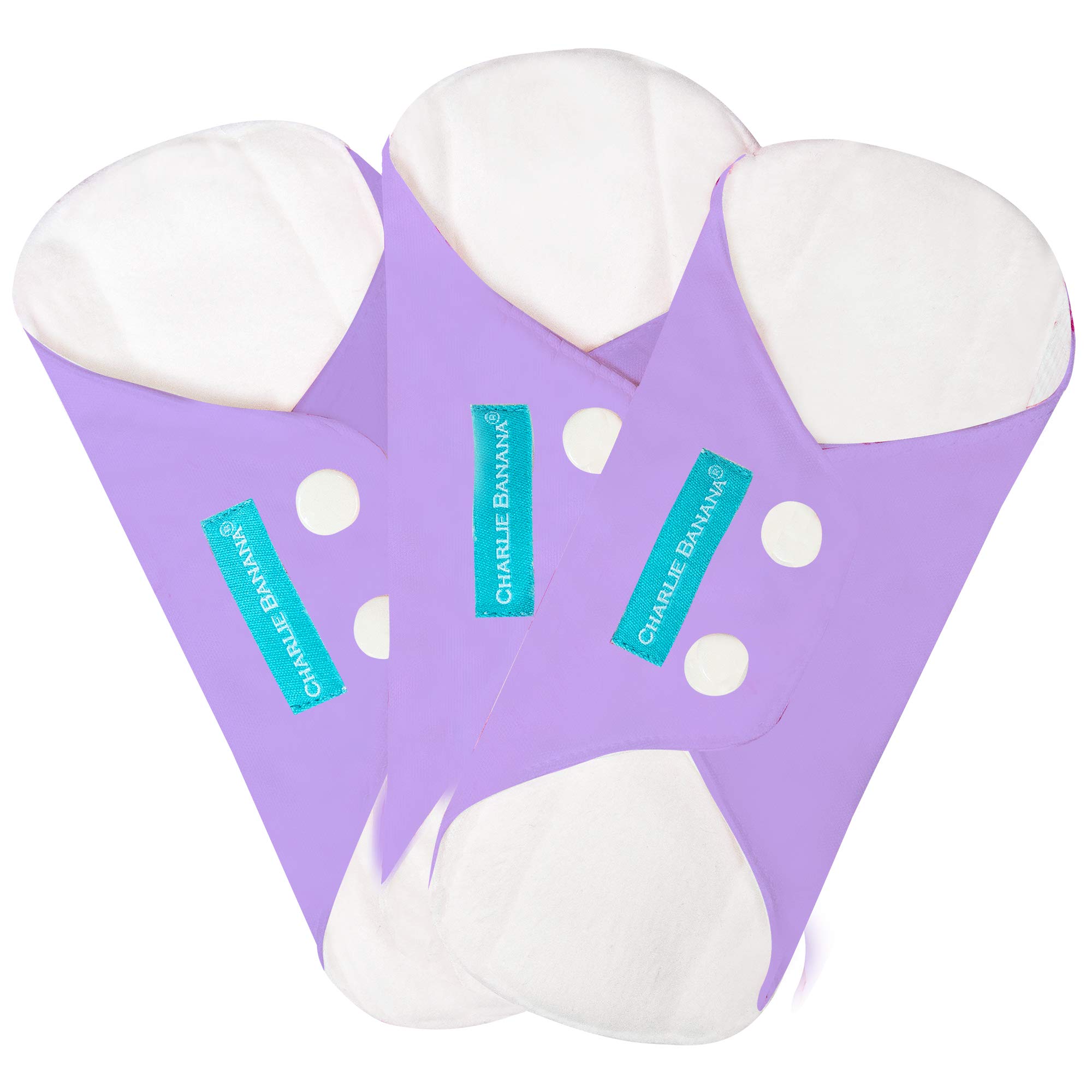 Charlie Banana Reusable Feminine Pads - Comfortable Cloth Sanitary Menstrual Pads, 3 Piece, Liner, Lavender