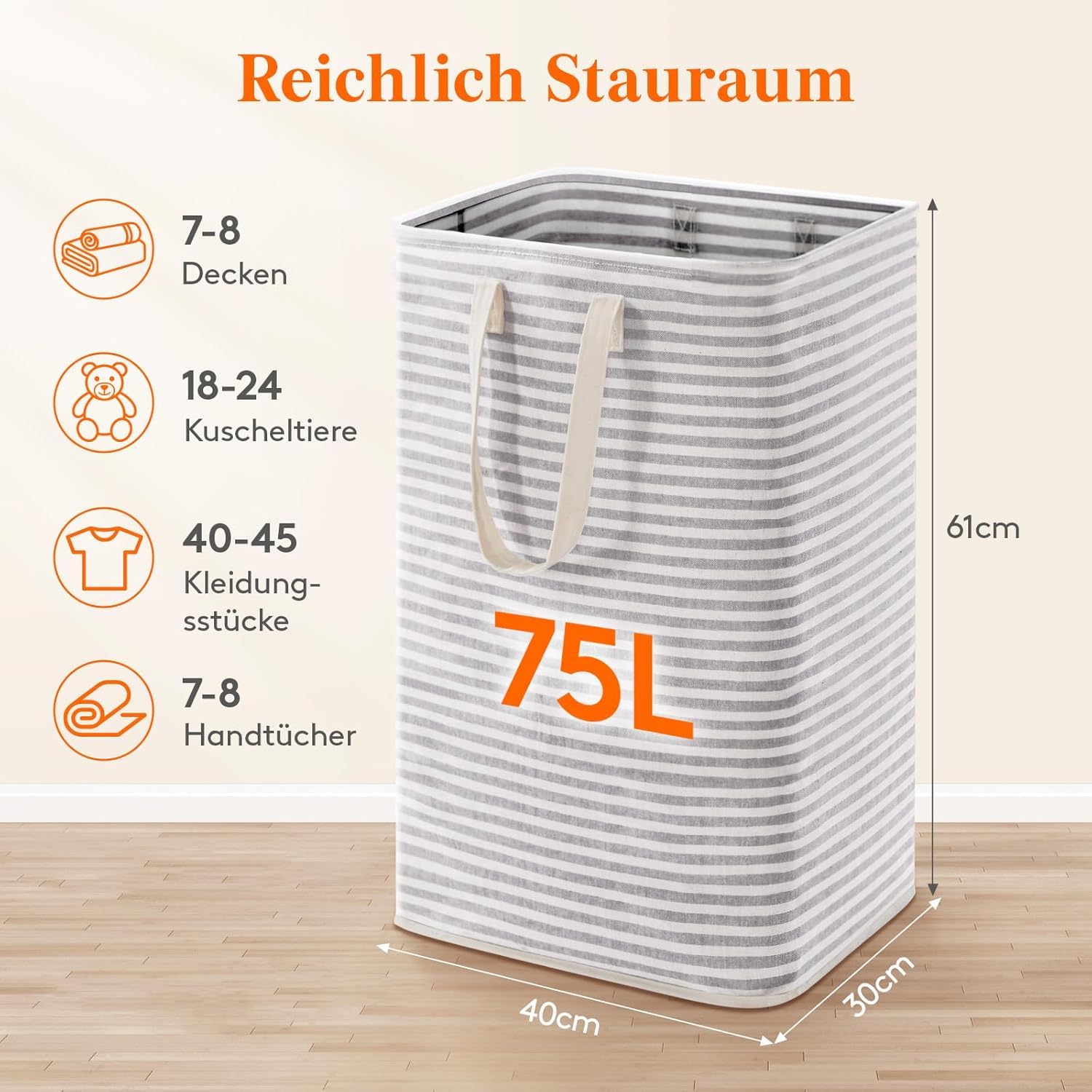 Lifewit 75L Wäschekorb, Großer Wäschesammler, Faltbare Wäschebox, Wasserdichter Wäschesortierer, Aufbewahrungsbox mit Griffen für Kleidung, Handtücher, Spielzeug, Grau 2