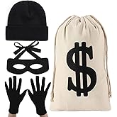 Glynisyz 4 Pieces Robber Costume Set for Halloween Cosplay Burglar Pirate Thief Theme Party, Include Canvas Dollar Sign Money Bags Bandit Eye Mask Knit Beanie Hat for Halloween Bank Robber Cosplay