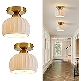 Vintage Ceramic Semi Flush Mount Ceiling Light - 2 Pack, Gold Hallway Light Fixtures, White Globe Ceiling Lights,Mid Century 