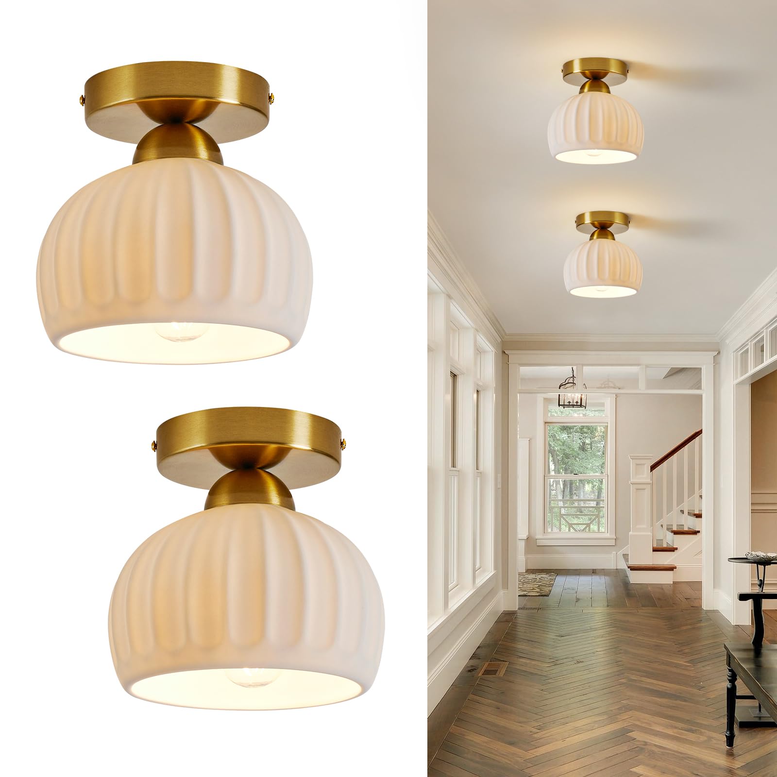 Photo 1 of Vintage Ceramic Semi Flush Mount Ceiling Light - 2 Pack, Gold Hallway Light Fixtures, White Globe Ceiling Lights,Mid Century Small Chandelier Light Fixture for Cottage Entryway Laundry Room Kitchen