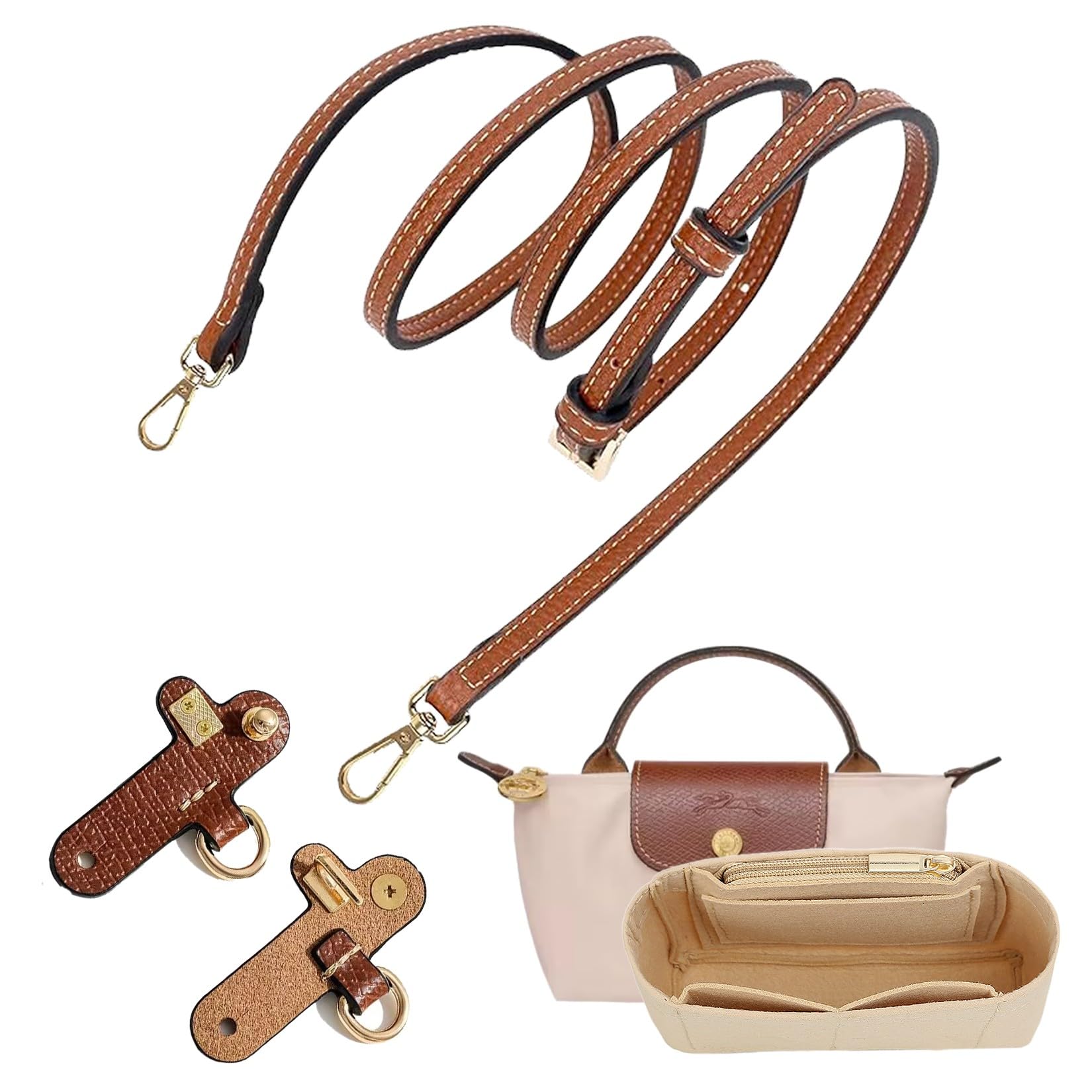 Photo 1 of 2-Pack Mini Bag Replacement Shoulder Strap and Bag Insert Organizer for Longchamp, Shoulder Strap No Punch Adjustable Buckle Design, Multi-Pocket Felt Tote Organizer for Small Handbag Organizer(1.2CM)