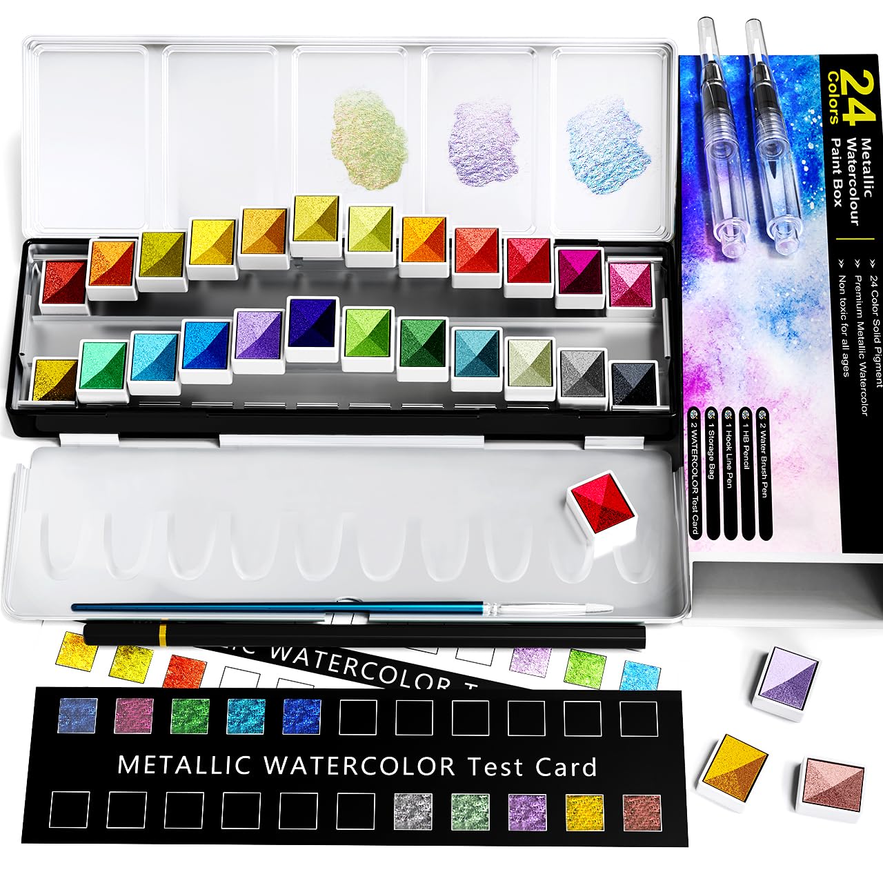 RATEL Metallic Watercolour Paint Set, Premium Glitter Watercolour Solid Paint Box, 24 Metallic Watercolour Paints, Soluble and Mix Well Watercolour Paints, for Kids, Beginner and Professional — image 1