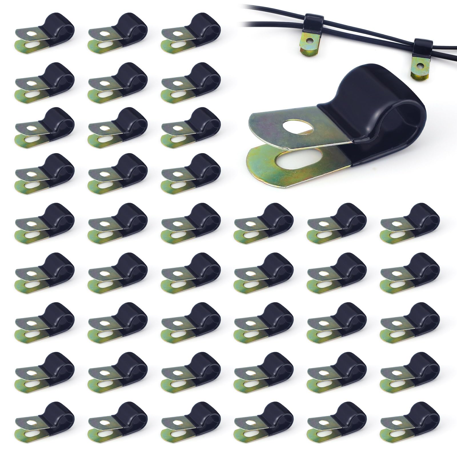 LELE LIFE 50Pcs 10mm Cable Clamps, Vinyl Coated Steel Wire Clamps Pipe Clamp, R-Style Insulated Rope Light Clips Strong Metal Cable Clips for Hose Conduit Extension Cord, Black (10mm)