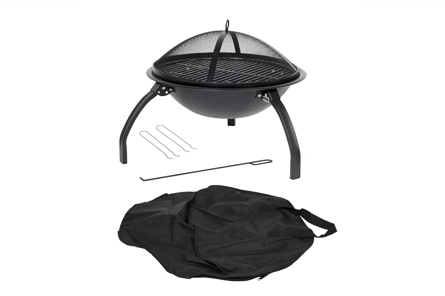 La Hacienda 58106 Camping Firebowl with Grill, Folding Legs and Carry Bag - Black