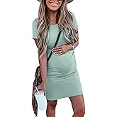 Peauty Everyday Essentials Maternity Bodycon Dress Side Ruch & Short Sleeve Dress for Baby Shower Daily (S-2XL)