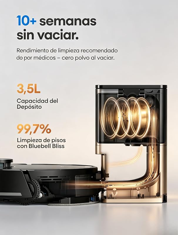 Robot Aspirador y Fregasuelos Autovaciado con Líquido Limpiador: Láser LiDAR Lineal, Evitación Mejorada, 10000 Pa, Refuerzo en Alfombras, App y Voz, para Apartamentos y Familias con Mascotas
