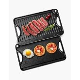 VEVOR Reversible Grill/Griddle, 14x8.5 inch Pre-Seasoned Cast Iron Griddle, Portable Rectangular Pan with Handle, Family Cookware for Indoor/Outdoor Stove Top Burner, Gas, Camping BBQ, Black