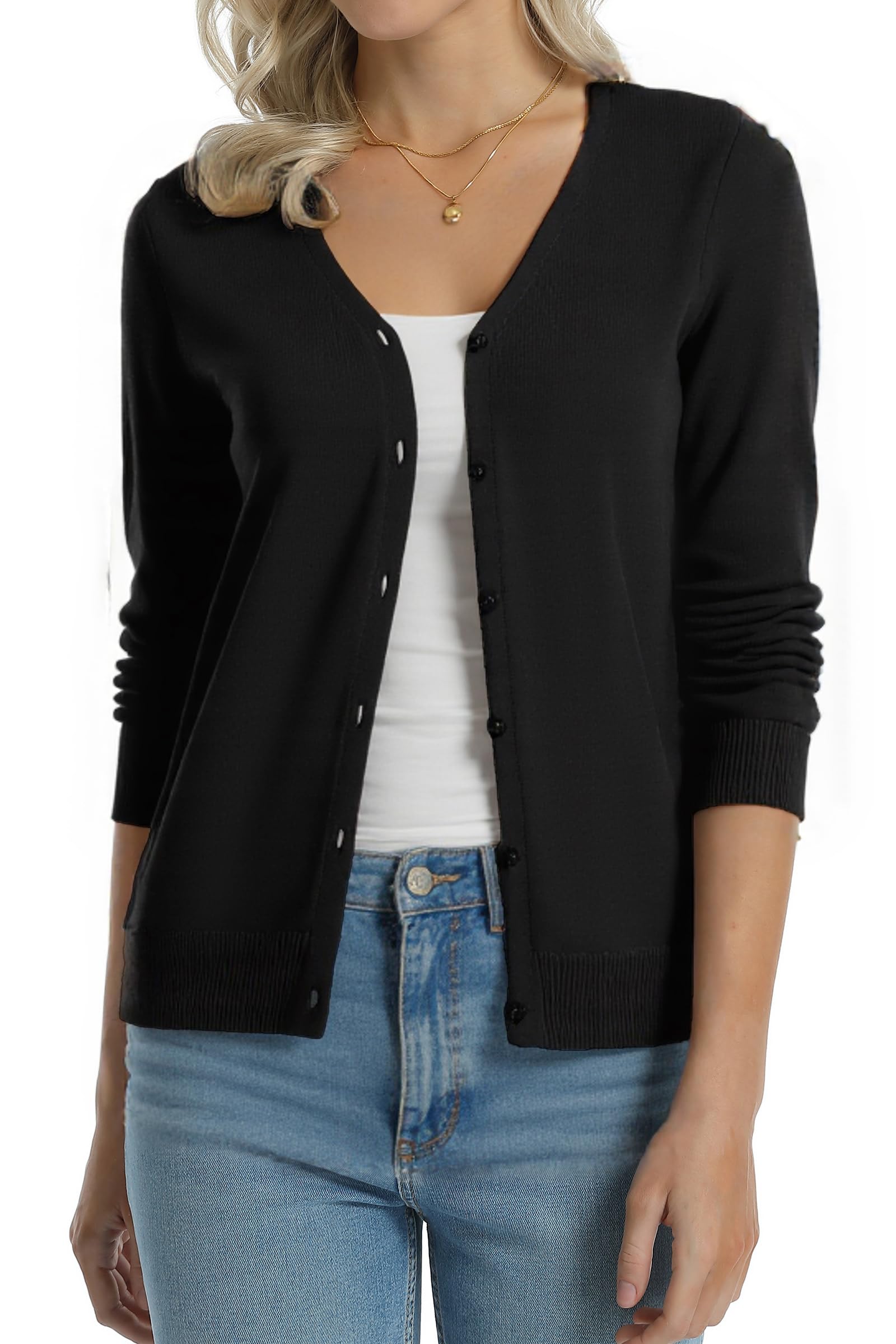 Photo 1 of QUALFORT Women's 100% Cotton Cardigans Lightweight Long Sleeve V-Neck Knitted Button Down Sweaters Black Medium