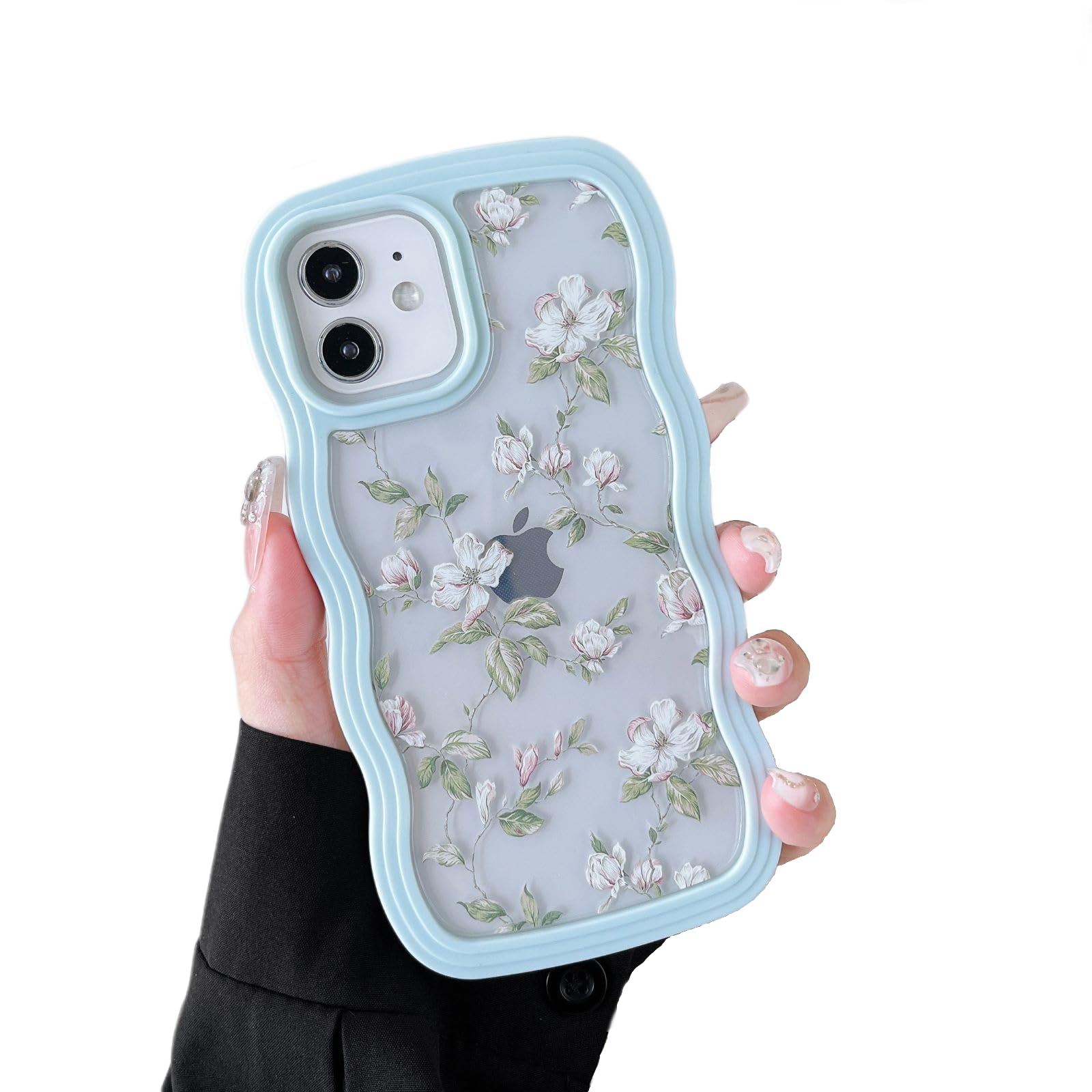 ZTOFERA Wavy Case for iPhone 12/12 Pro (6.1"), Cute Clear Protective Case with Floral Leaves Pattern, Hard PC Colored Wave Frame Soft Silicone Bumper Shockproof Cover for Girls Women, Mint Green — image 1