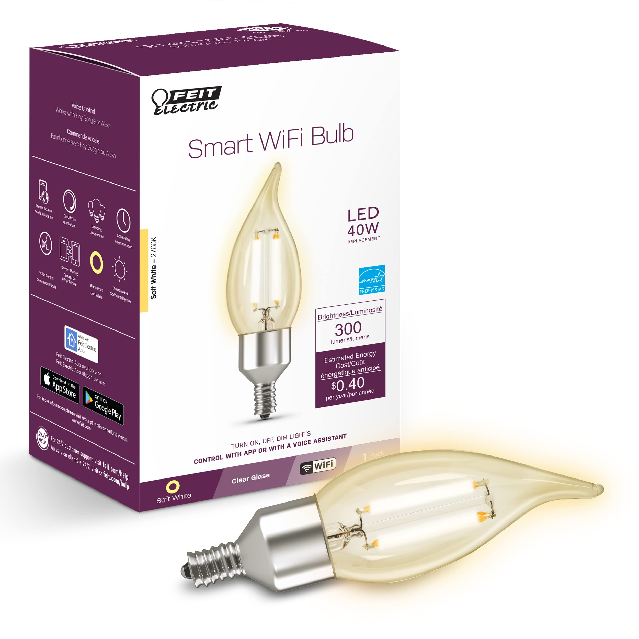 Photo 1 of ***4 BULBS INCLUDED*** Electric CFC40/927CA/FIL/AG 40 Watt Equivalent WiFi Dimmable, No Hub Required, Alexa or Google Assistant, Flame Tip Filament Chandelier LED Smart Light Bulb, 4.3" H x 1.4" D, 2700K Soft White***4 BULBS INCLUDED***