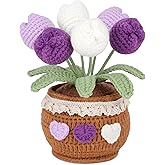 Lovmeety Purple Potted Tulip Crochet Flowers, Handmade Crochet Flowers with Vase Tulips Knitted Flower in Pot Crocheted Bouquet for Home Office Desk Shelf Decor Gifts for Woman
