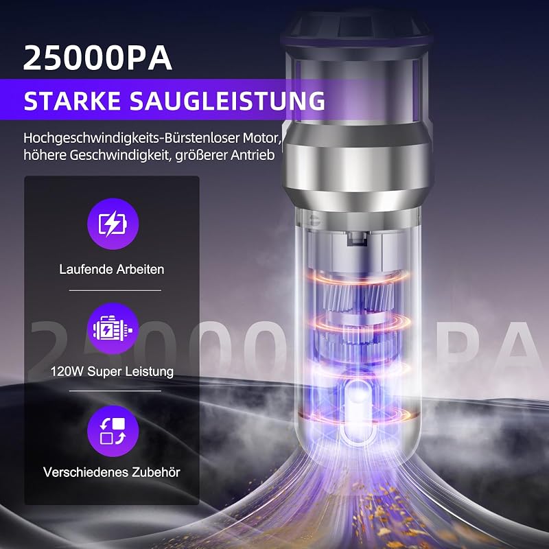 Handstaubsauger, 25000Pa Handstaubsauger Akku Kabellos mit 1-Knopf-Selbstentleerung, 4-in-1 Autostaubsauger Stark mit Bürstenlosem Motor, 3 Stufen Mini Staubsauger, Ideal für Tierhaare, Auto, Haushalt — Foto 2 von 7