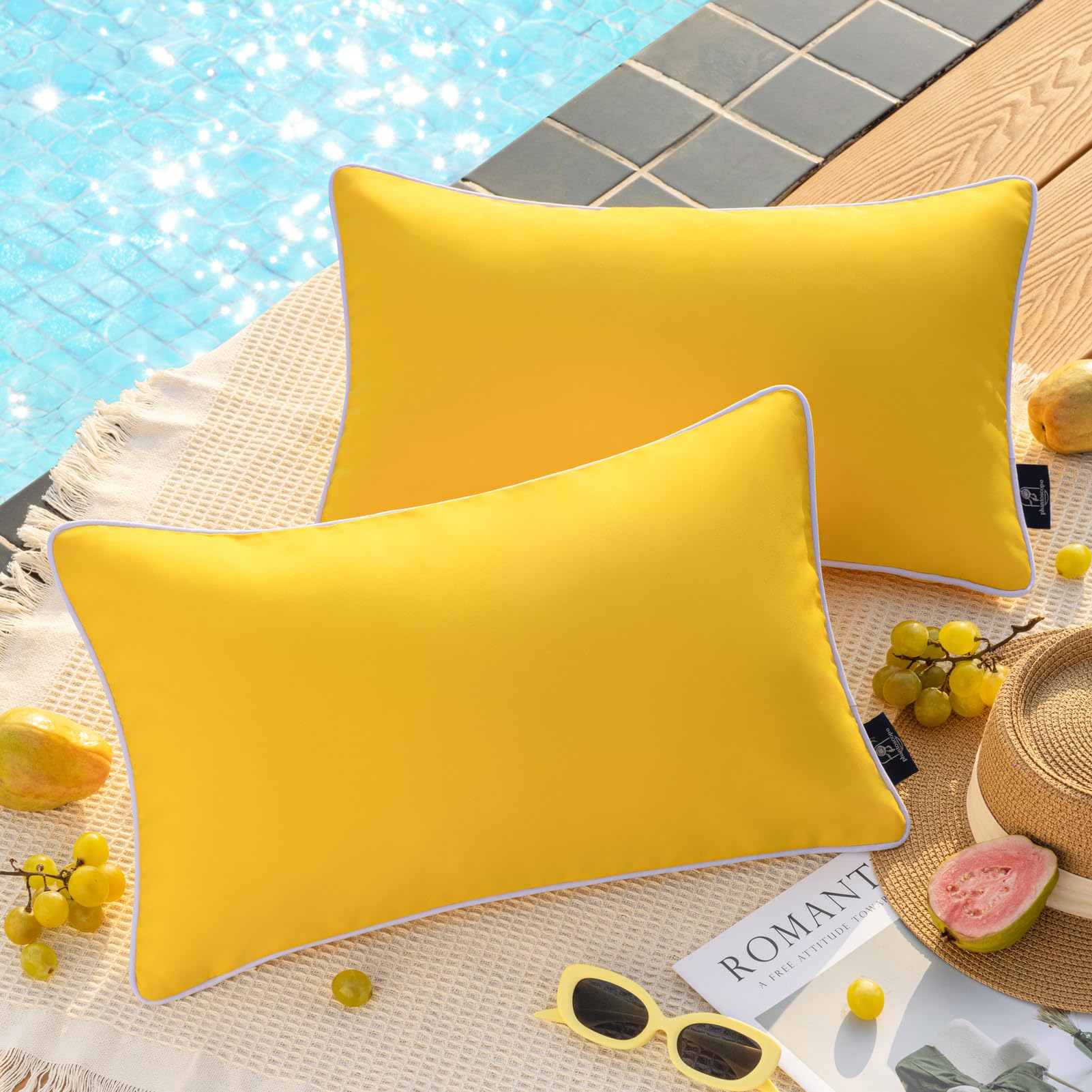 Photo 1 of Phantoscope Pack of 2 Outdoor Waterproof Solid Throw Decorative Pillow Cover Decorative Square Outdoor Pillows Cushion Case Patio Pillows for Couch Tent Sunbrella, Yellow 12x20 inches 30x50 cm