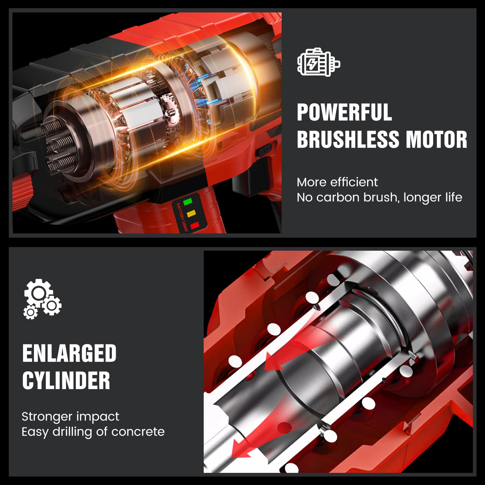 Avhrit 2025 Aktualisierter Akku Bohrhammer, mit 2 Pack Tragbarem Lithium-Akku (21V), Bürstenlosem Motor, 3 Funktionen Akku Schlagbohrschrauber für den Heimgebrauch und Professionelle Bauarbeiten 2