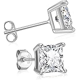 Princess Cut Stud Earrings for Women, 7mm 2.0ct Square Cubic Zirconia Earrings Studs, 14K White Gold Plated 925 Sterling Silver Hypoallergenic Earrings