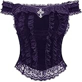 SHENHE Women's Goth Top Lace Trim Velvet Off Shoulder Short Sleeve Punk Top Shirt