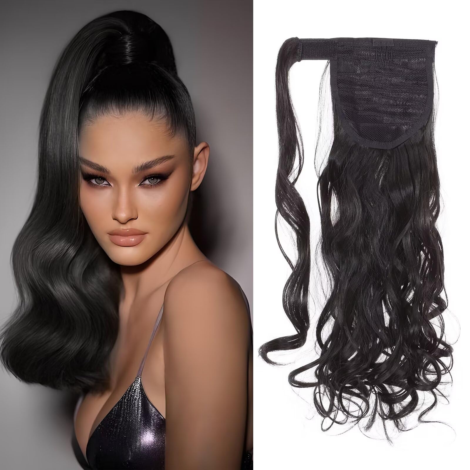 Wrap around Ponytail Hair Extensions 17inch Synthetic Clip in Ponytail Curly Hairpiece for Women (Natural Black)