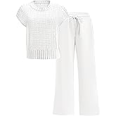 ANRABESS Women Two Piece Outfits Crochet Sheer Knit Sweater Top Wide Leg Pants Lounge Matching Sets Sweatsuit Travel Clothes