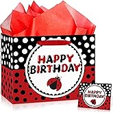 Ladybug Birthday Gift Bag Large Ladybug Birthday Party Favor Bags with Tissue Paper and Greeting Card Red Black Polka Dots Wrapping Paper Candy Goodie Bag for Bday Baby Shower Christmas Supplies