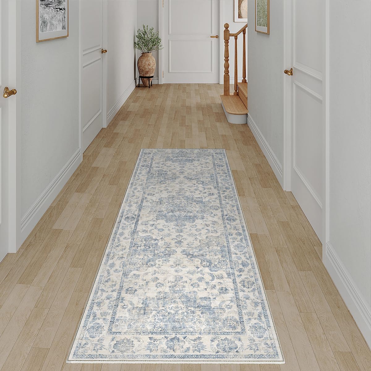 WondRg 2x5 Washable Neutral Runner Rug Blue Vintage Hallway Kitchen Carpet Non-Slip Soft Low Pile Floral Throw Rug for Bedroom Bathroom Laundry Living Room Image