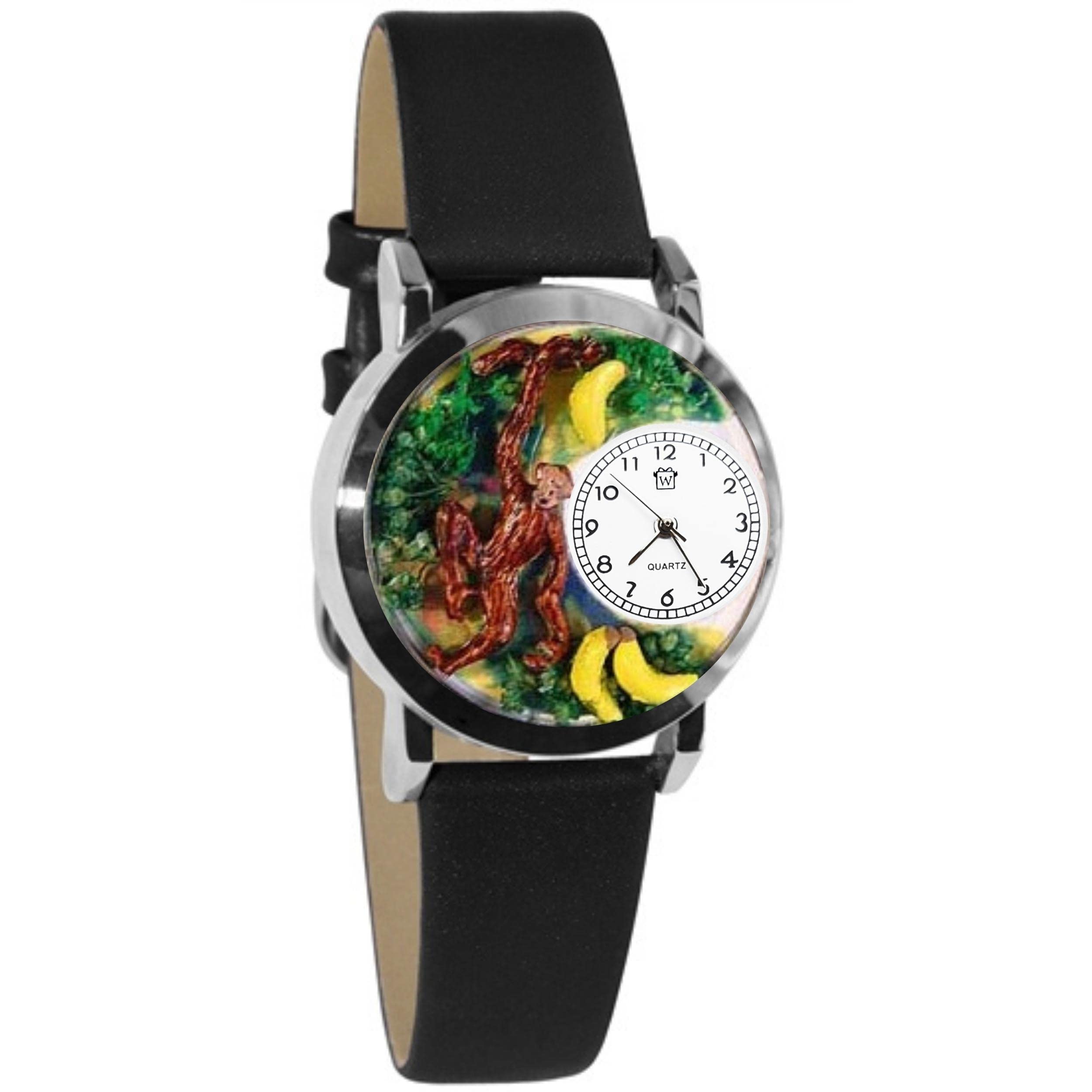 Whimsical Watches Monkey Black Leather and Silvertone Unisex Quartz Watch with White Dial Analogue Display and Multicolour Leather Strap S-0150007