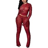 Kafiloe Club Outfits for Women Sexy 2 Piece Sets Going Out Mesh Long Sleeve Crop Top Bodycon Flare Pants Clubwear