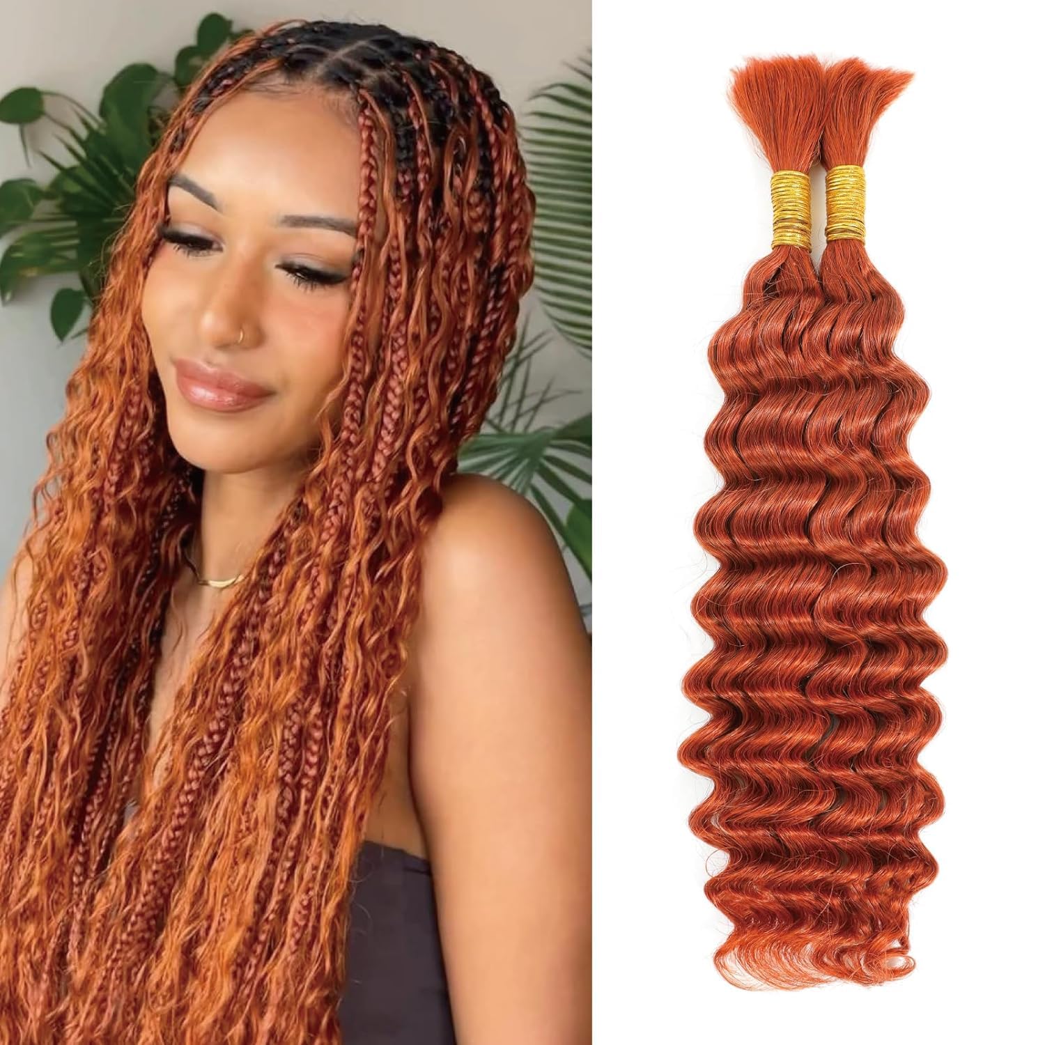Photo 1 of Leruikair Deep Curly Braiding Human Hair 2 Bundles 24 Inch Ginger Orange 350 Deep Water Wave Bulk No Weft Human Hair Braiding for Boho Braids