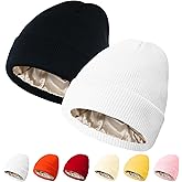 PFFY 2 Packs Womens Satin Lined Beanie Hat Silk Lining Winter Hats Beanies for Women Soft Slouchy Beanie Skull Cap