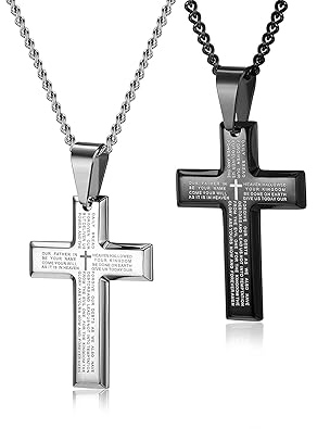 BE STEEL 2Pcs Edelstahl Kreuz Halskette für Herren Damen Kette Männer Kreuz Anhänger Vaterunser Schwarz Silberton 61CM