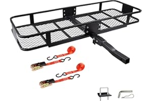 FOUWICK Folding Hitch Mount Cargo Carrier Basket 60x20x6” Rear Luggage Rack Basket,500LBS Capacity, Hitch Mount for 2" Receivers, Powder Coating, Heavy Duty, Durable, Easy Assembly, Straps Stabilizer