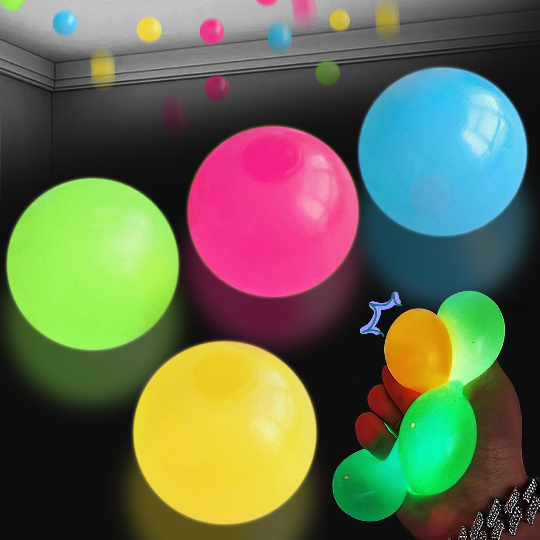 Photo 1 of 4pcs Sticky Balls Fidget Toys, Sticky Balls for Ceiling Sensory Balls Sticky Balls Sticky Glow Balls Squishy Stress Ball Glow in The Dark Ceiling Balls for Kids New Year's Gift