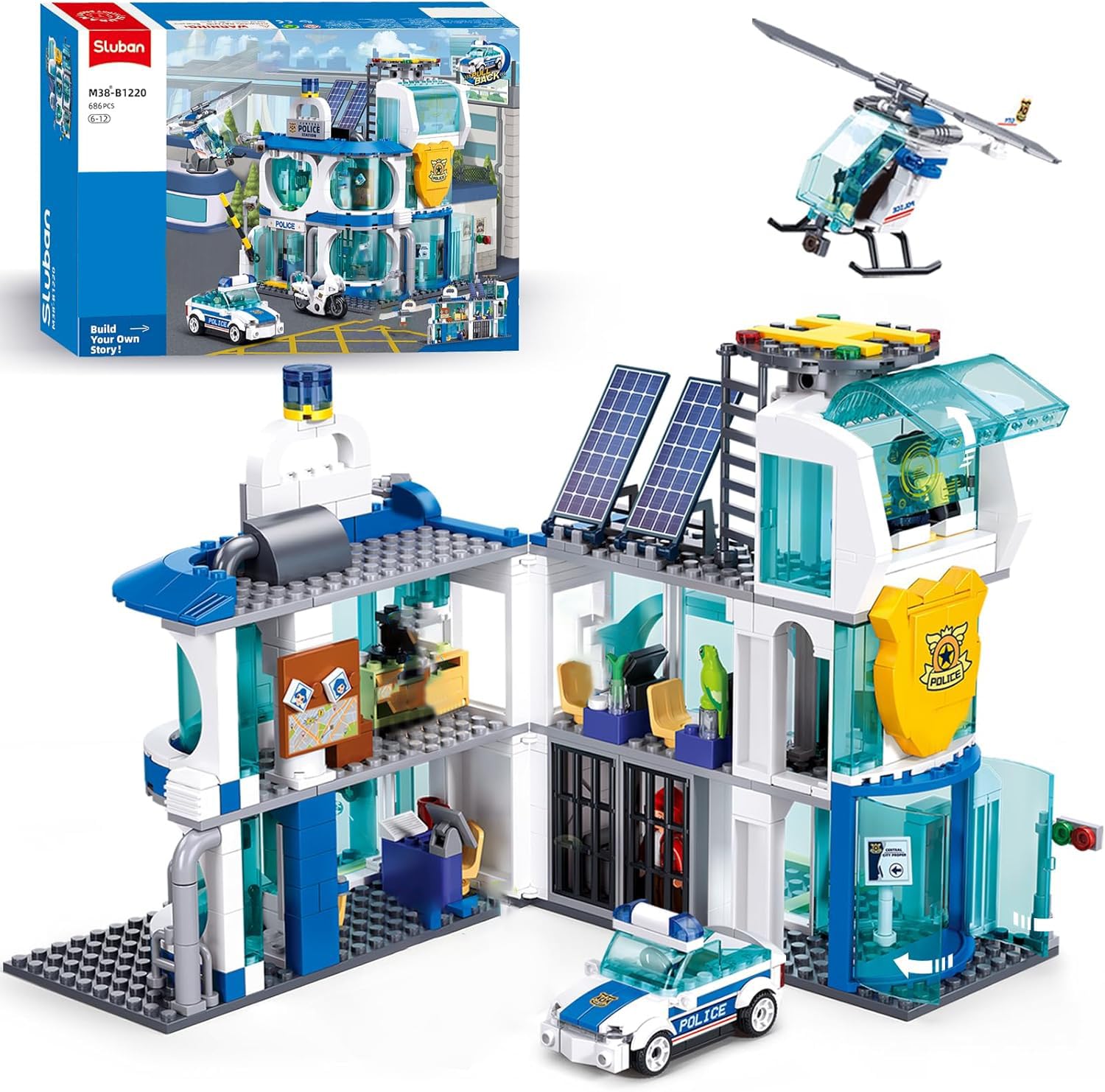 Photo 1 of City Police Station, Police Station Building Set with Car Model, Motorcycle, Helicopter, Cop Patrol, Compatible with Lego Police Set, STEM Block Ideal Gift 6+, 7 Police Minifigures, 686pcs